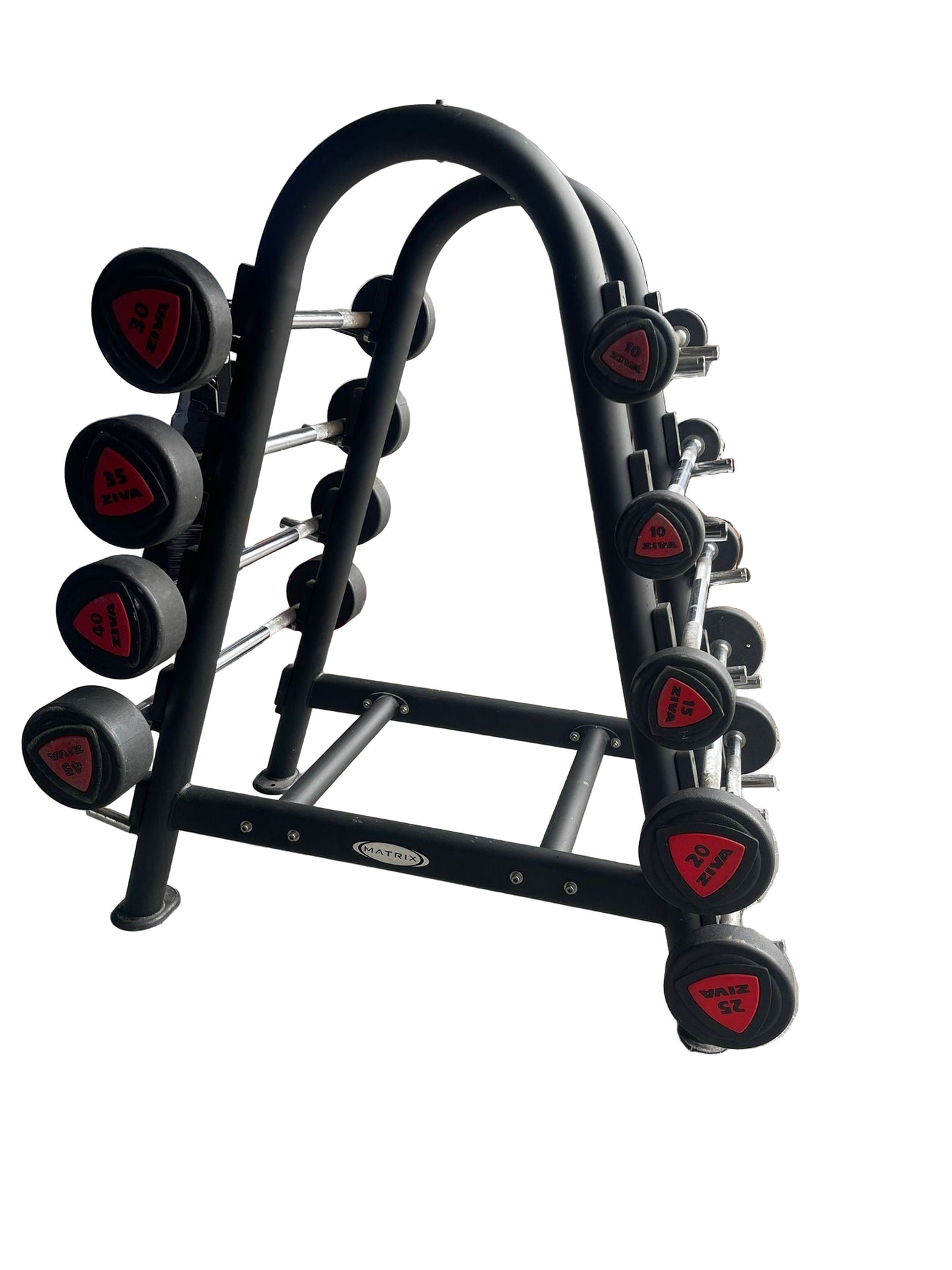 Ziva ZVO Polyurethane Fixed Weight Barbell Set 10-45kgs with Rack