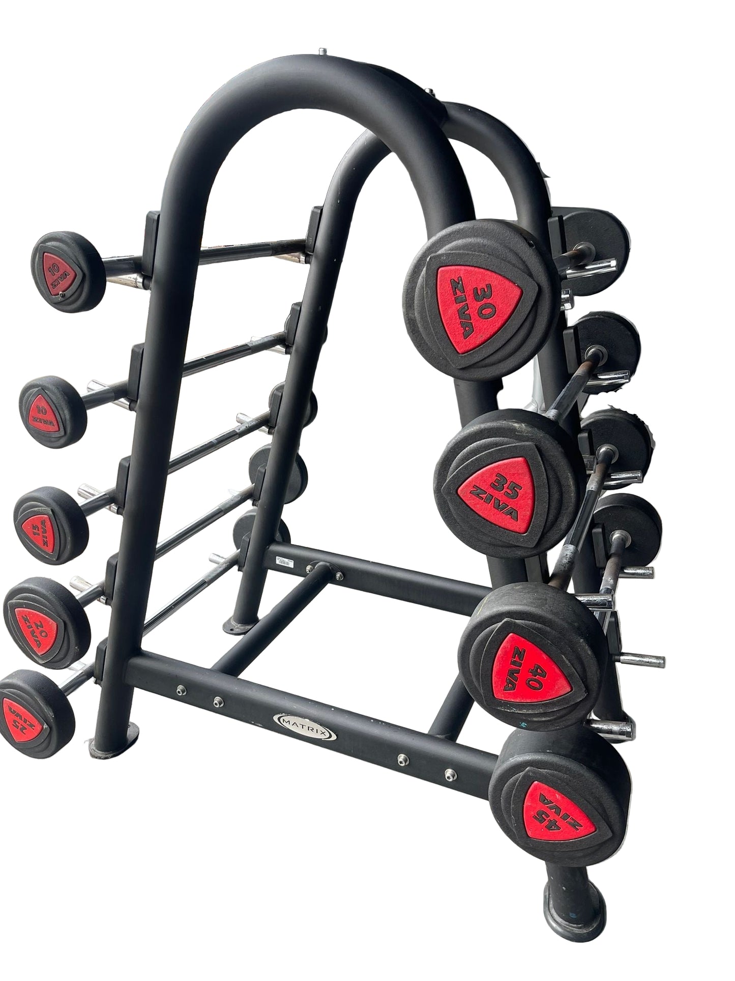 Ziva ZVO Polyurethane Fixed Weight Barbell Set 10-45kgs with Rack